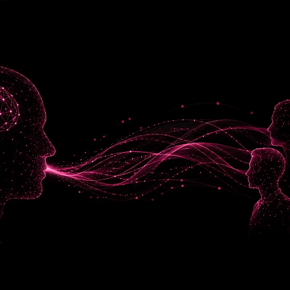 EM360Tech graphic showing a glowing dark-magenta digital head connected by flowing data-like strands to a group of people, representing analyst expertise being shared with and trusted by B2B buyers.