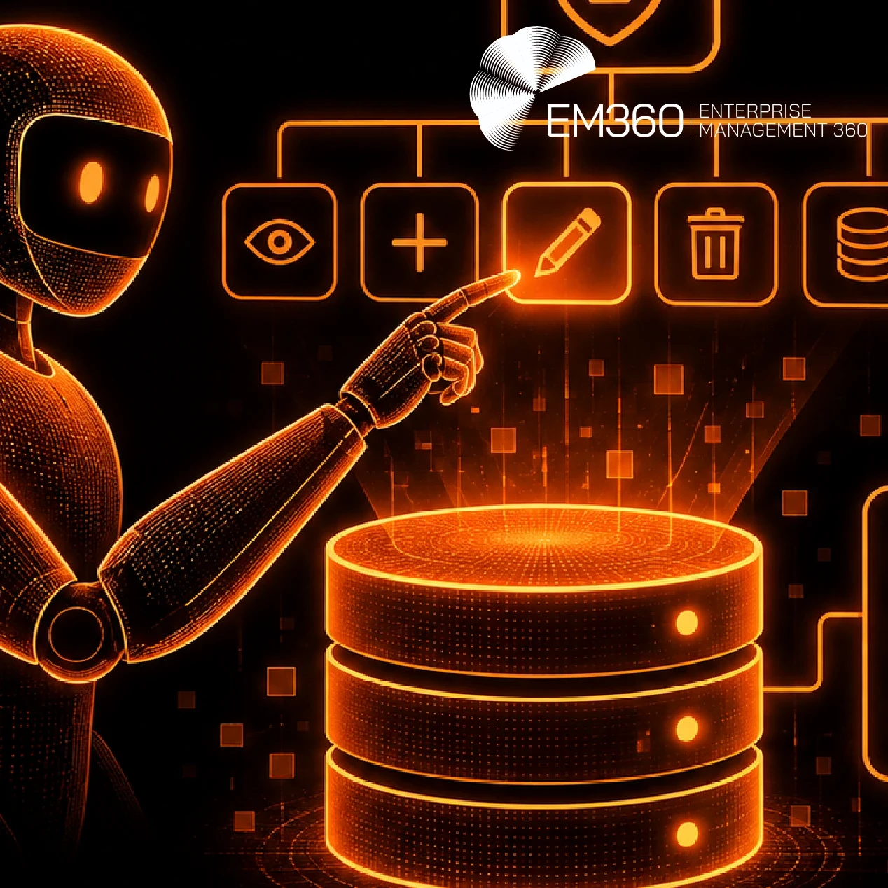 Black-and-orange graphic showing an AI robot interacting with a glowing database beneath security and data-control icons. Text reads: “AI Agent Write Access and Data Governance” and “We look at how data governance needs to change when AI agents can write to enterprise data, not just read it.” The EM360 Enterprise Management 360 logo appears at the top. 