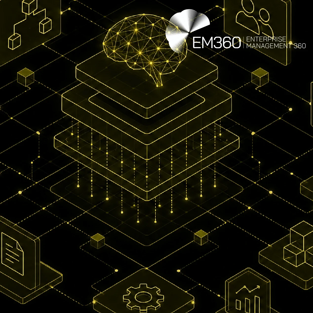 Black-and-olive technology graphic showing a glowing wireframe brain above a layered infrastructure platform, connected to diagrams, data, settings and system components. Text reads: “AI Agents Are Changing Infrastructure Platforms” and “As AI agents move closer to infrastructure operations, we look at what platforms need to make explicit before agents can reliably act.” The EM360 Enterprise Management 360 logo appears at the top.