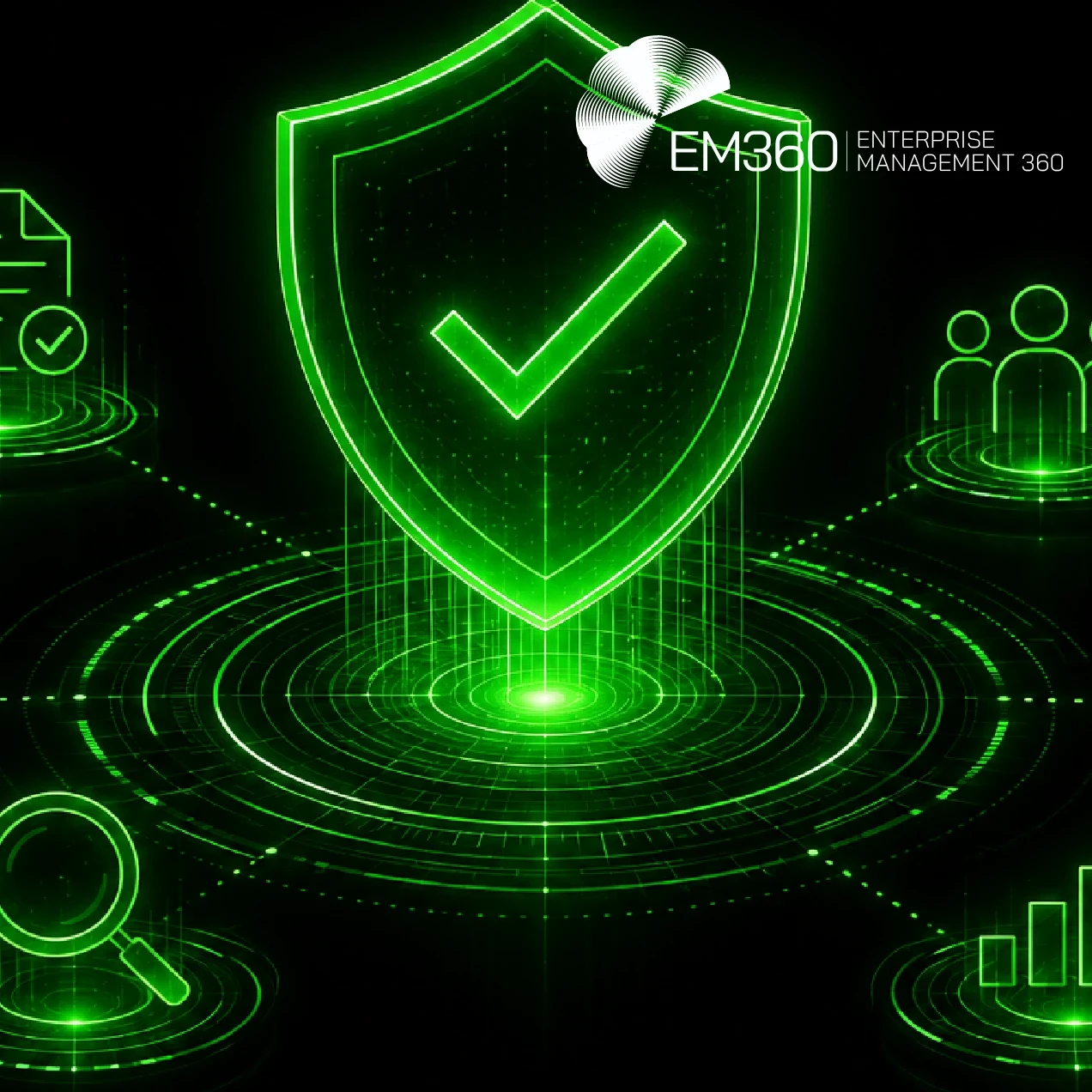 A black-and-neon-green AI governance graphic featuring a large digital shield with a check mark, surrounded by connected icons representing documentation, security, people, compliance, monitoring and business growth. The graphic reads: “AI Governance Is Becoming An Innovation Strategy” and “We look at how AI governance is becoming an innovation capability that helps enterprises experiment, build trust and scale AI with confidence.” The EM360 Enterprise Management 360 logo appears at the top.