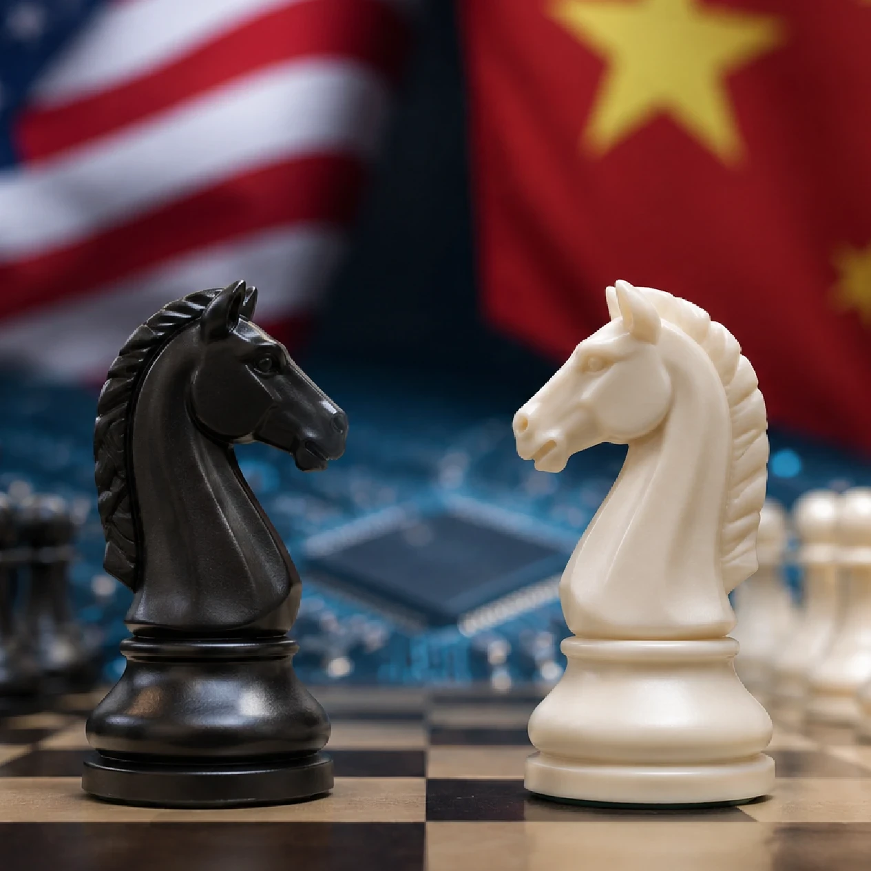 EM360Tech graphic showing black and white chess knights facing each other on a chessboard, with blurred US and Chinese flags behind them. Text reads: “The AI Race Is Starting To Split The Global Technology Stack.”