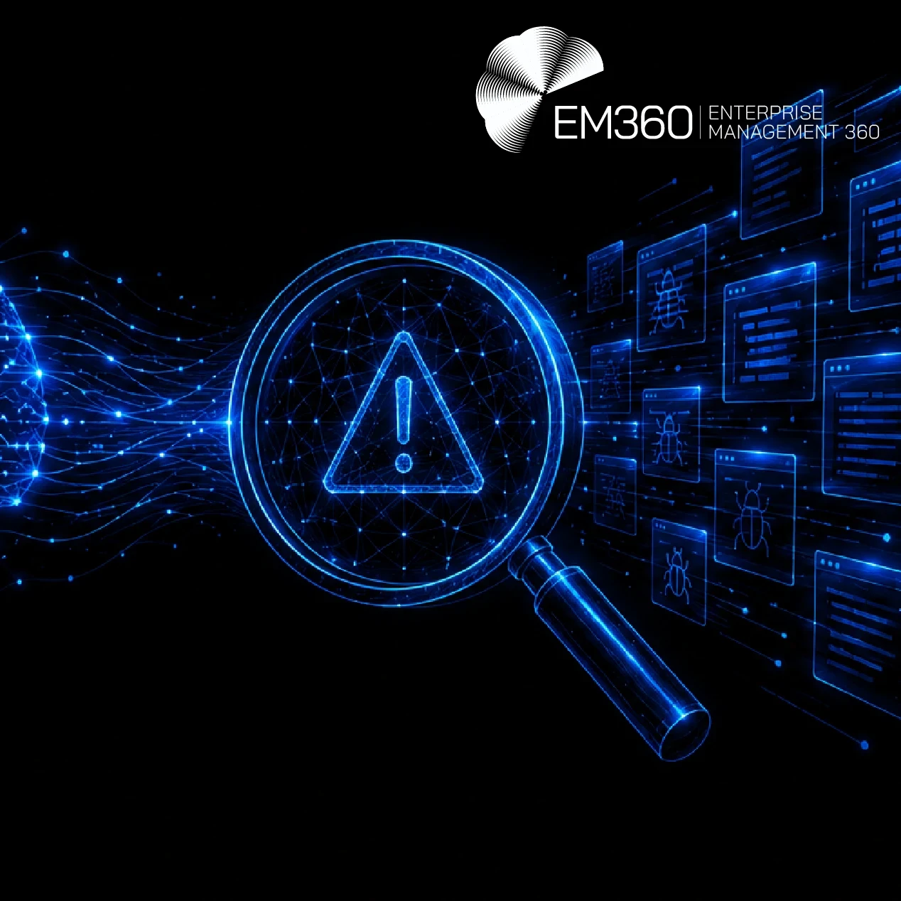 A black-and-blue cybersecurity graphic showing a digital human head, magnifying glass and multiple code and warning panels. Text reads: “AI Vulnerability Discovery Outpaces Verification” and “We look at how AI vulnerability discovery is changing security workloads, verification pressure and the way teams decide what deserves action.” The EM360 logo appears at the top.