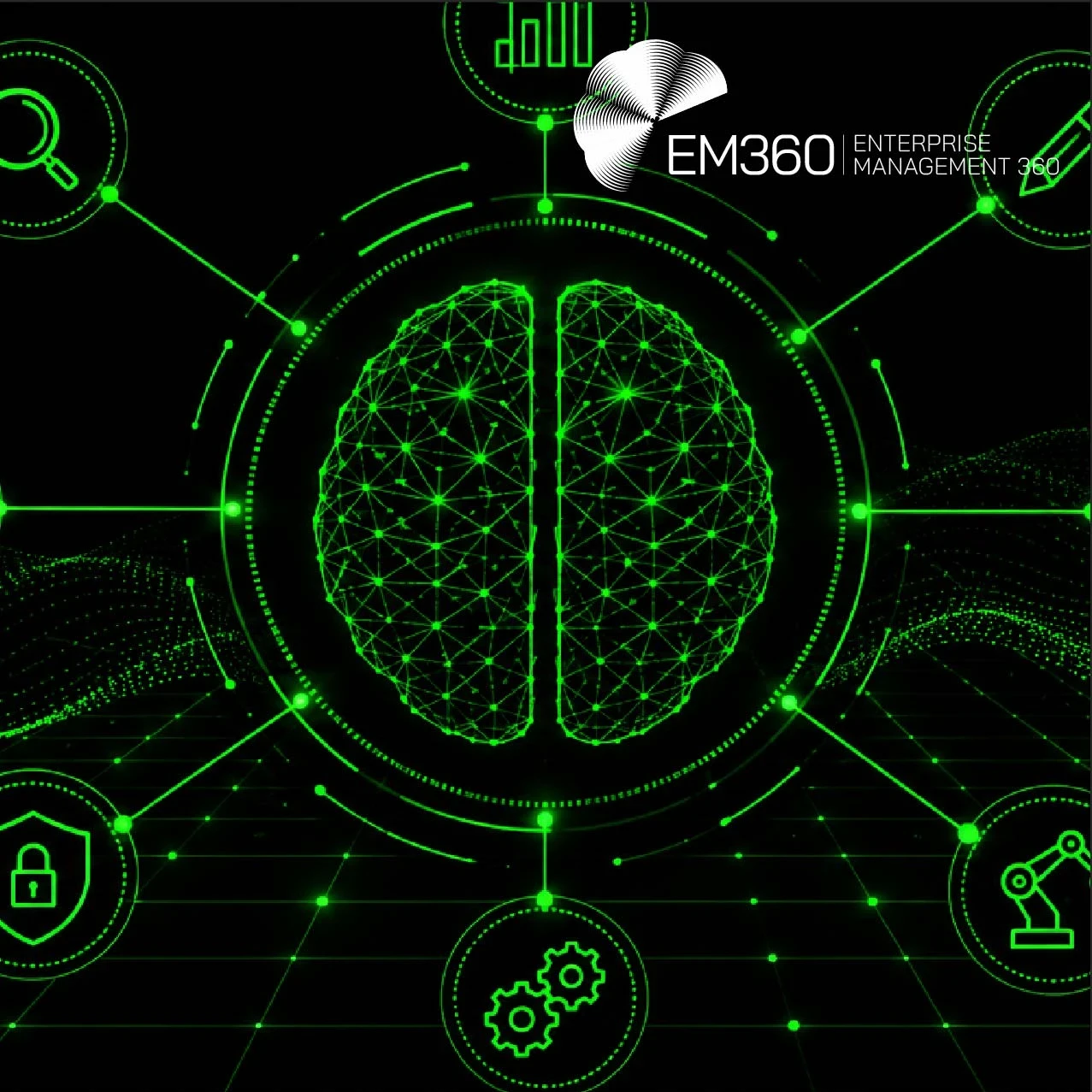 A black-and-green AI graphic with a glowing digital brain connected to icons for search, analytics, documents, security, automation and users. Text reads “Artificial Intelligence Applications Creating Value” and “We look at how artificial intelligence applications are changing, where they create value and how leaders can decide what role AI should play.” The EM360 logo appears at the top.
