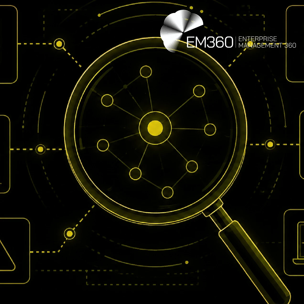 EM360Tech graphic titled “Automated Root Cause Analysis: When Can You Trust It?” on a black background. An olive magnifying glass focuses on a connected network of nodes, surrounded by icons representing servers, databases, analytics, alerts, system settings and monitoring. Text reads: “Automated RCA is moving closer to operational action. We look at what infrastructure teams need to see before they can trust its conclusions.”