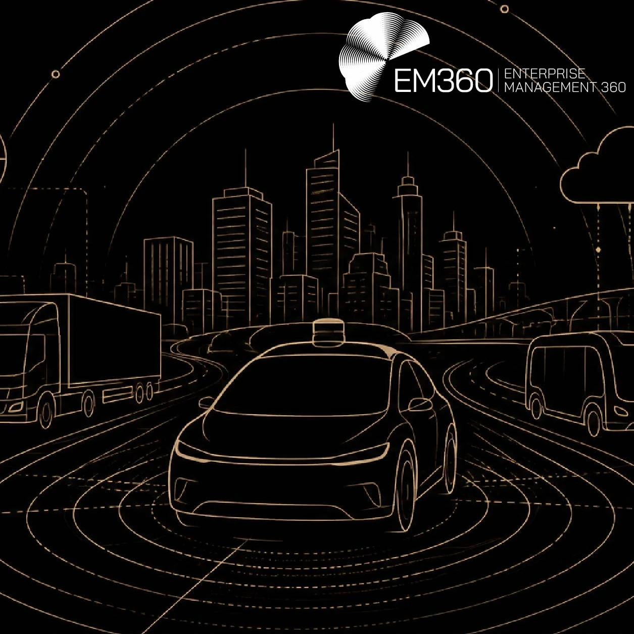 A black-and-beige autonomous vehicle graphic showing a self-driving car on a connected road network, with an autonomous truck and shuttle, city skyline, cloud and globe icons, and circular sensor signals. Text reads: “Autonomous Vehicle Technology: Where It Works” and “Self-driving hasn’t arrived everywhere. We look at where autonomous vehicles are already working and why defined operating limits are driving progress.” The EM360 logo appears at the top.