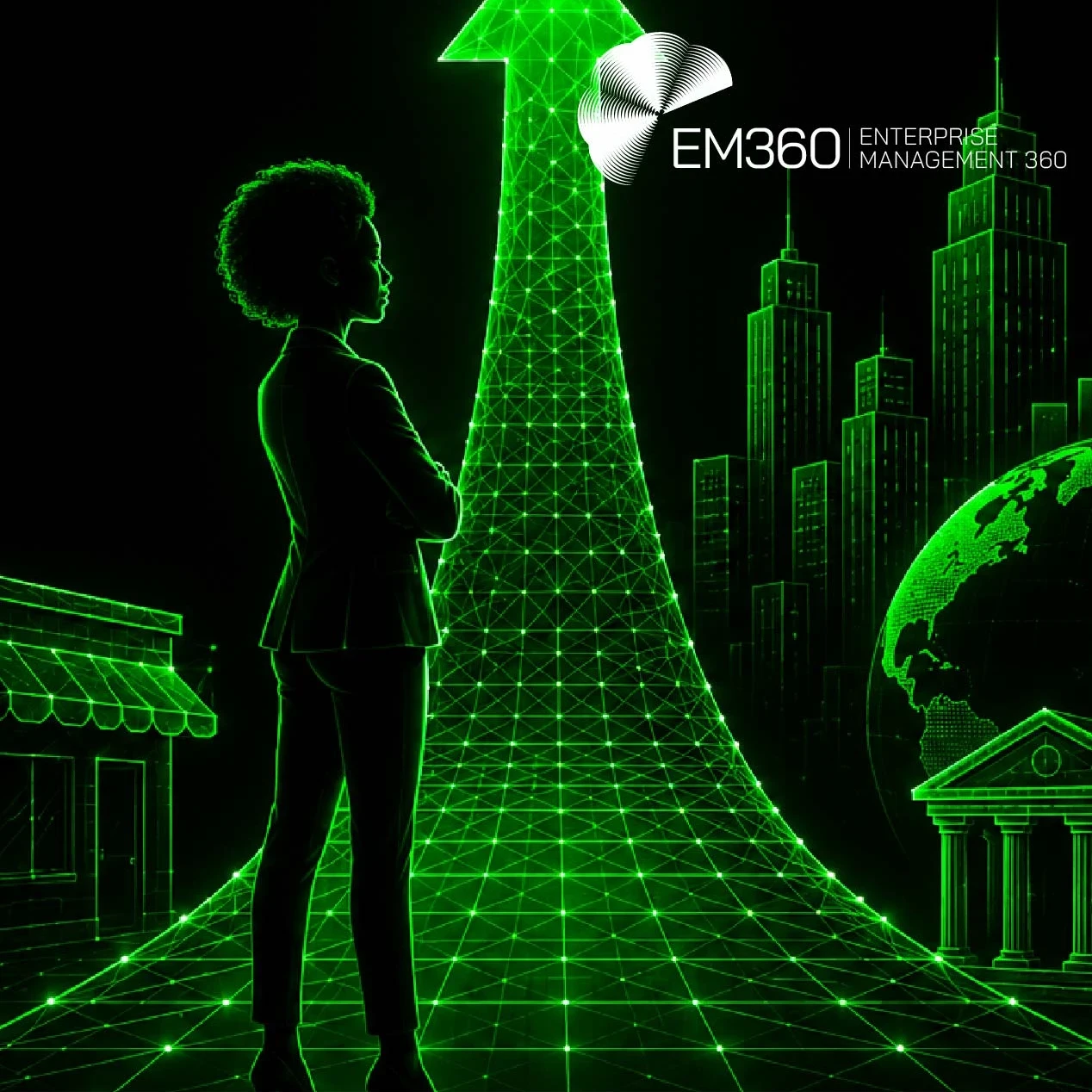 Black-and-green digital graphic showing a Black businesswoman surrounded by a rising arrow, city buildings, growth charts, a globe, bank and small business. Text reads: “Is AI Really Democratising Entrepreneurship? For Black Business Month, we look at whether AI is changing who gets the opportunity to build and grow a successful business.”