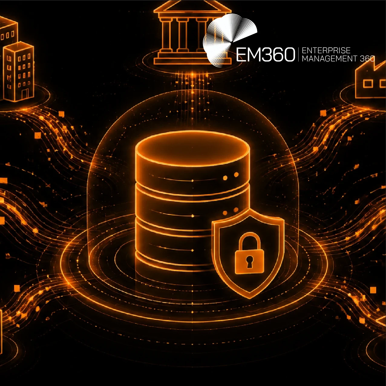 A black and orange EM360Tech header graphic showing a central database protected by a shield and padlock, with glowing data connections linking it to icons representing businesses, government, industry, healthcare and education. The headline reads “Data Sovereignty Could Unlock Data Sharing” with supporting text explaining that stronger data sovereignty could make organisations more willing to share valuable business data without giving up control. The graphic highlights the relationship between secure data