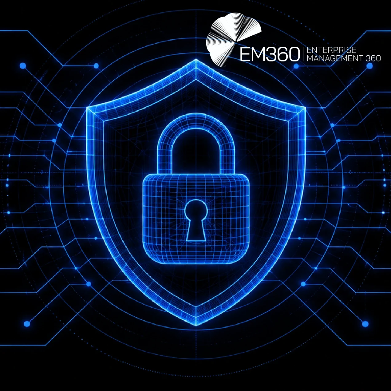 EM360Tech graphic titled “Enterprise Trust Failure And Operational Resilience”, showing a glowing blue digital shield and padlock connected to icons representing users, devices, data, cloud systems, servers and business relationships. Text reads: “We look at what happens when an enterprise can no longer trust the systems, identities, data and relationships its operations depend on.” 