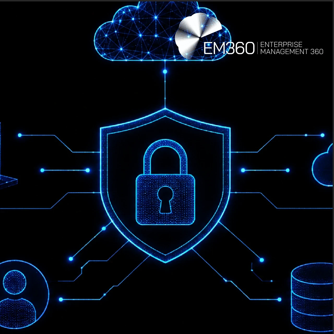 EM360Tech graphic titled “Hybrid Cloud Security Architecture That Works”, showing a blue cloud, shield and padlock connected to on-premises infrastructure, another cloud, a user and a database. Text reads: “We look at how organisations can build consistent security across cloud and on-premises environments without forcing them to work the same way.” 