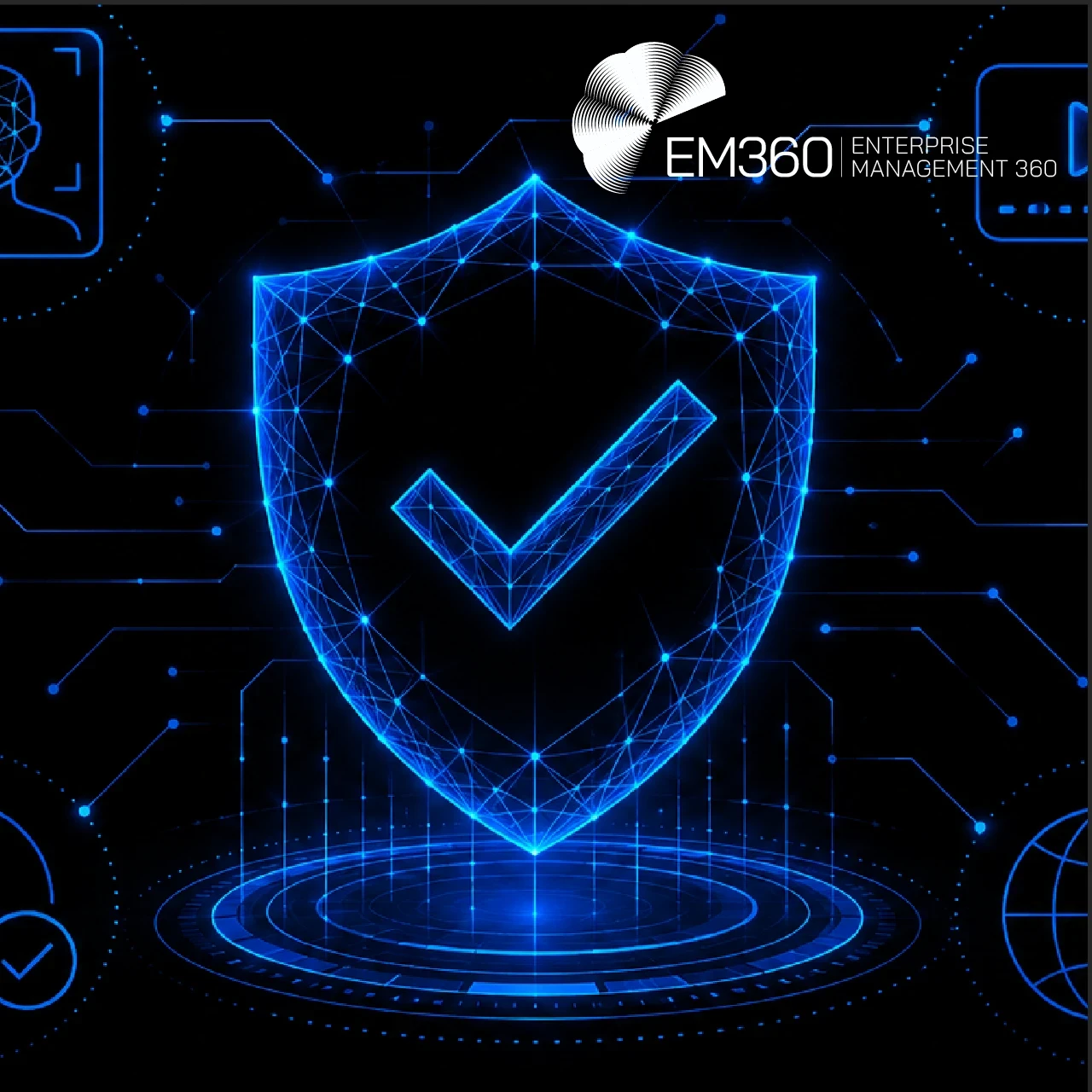 A black-and-blue digital verification graphic with a glowing wireframe shield and checkmark at the centre, surrounded by icons representing facial recognition, video, documents, fingerprints, verified identity and the internet. White text reads “The Internet Has A Verification Problem”, with the subtitle: “We look at why AI, synthetic identities and automated actors are forcing organisations to rethink how they verify digital interactions.” The EM360 logo appears at the top.
