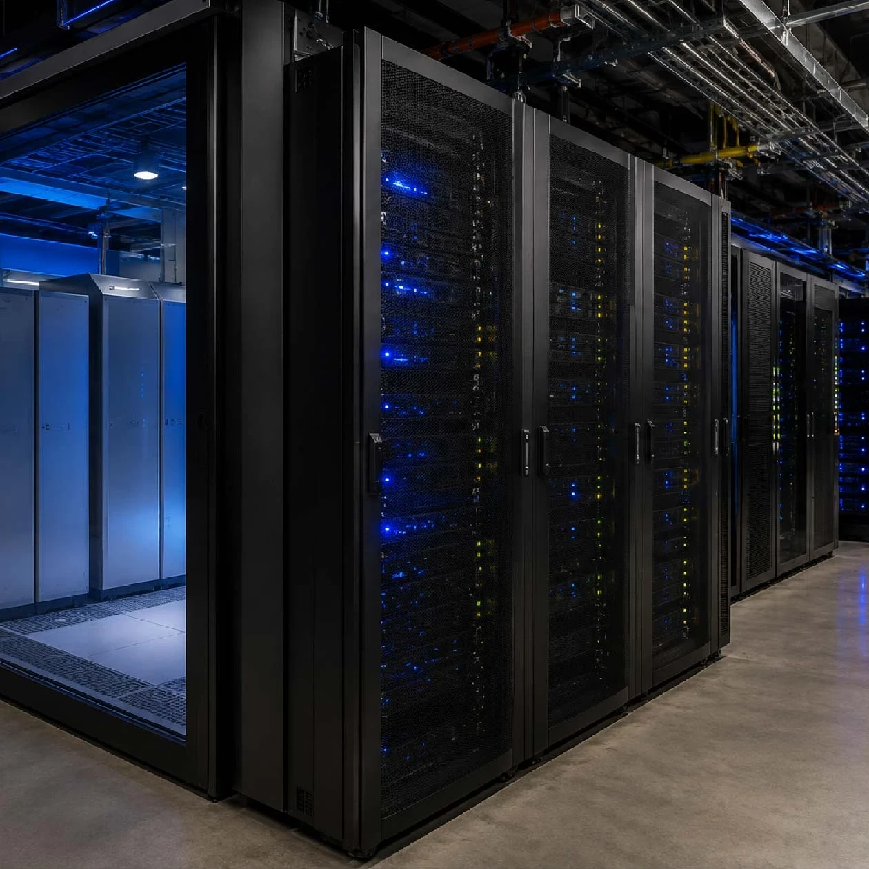 A blue-lit data centre with rows of black server racks and a glass-enclosed equipment area. Overlaid text reads: “EM360TECH Oracle And Quantinuum Show Where Enterprise Quantum Is Heading.”