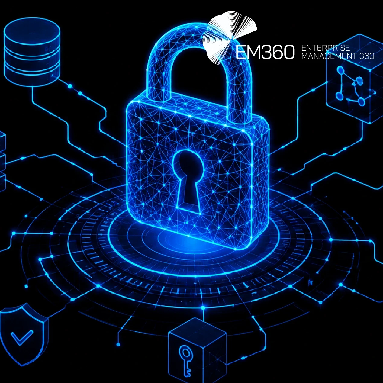 A black-and-blue cybersecurity graphic with a glowing digital padlock connected to servers, a database, cloud services, a certificate, mobile device, security shield and cryptographic key. Text reads: “Cryptographic Debt Is A Security Risk” and “We look at why post-quantum migration is exposing the cryptographic dependencies enterprises already struggle to see and control.” The EM360 logo appears at the top.