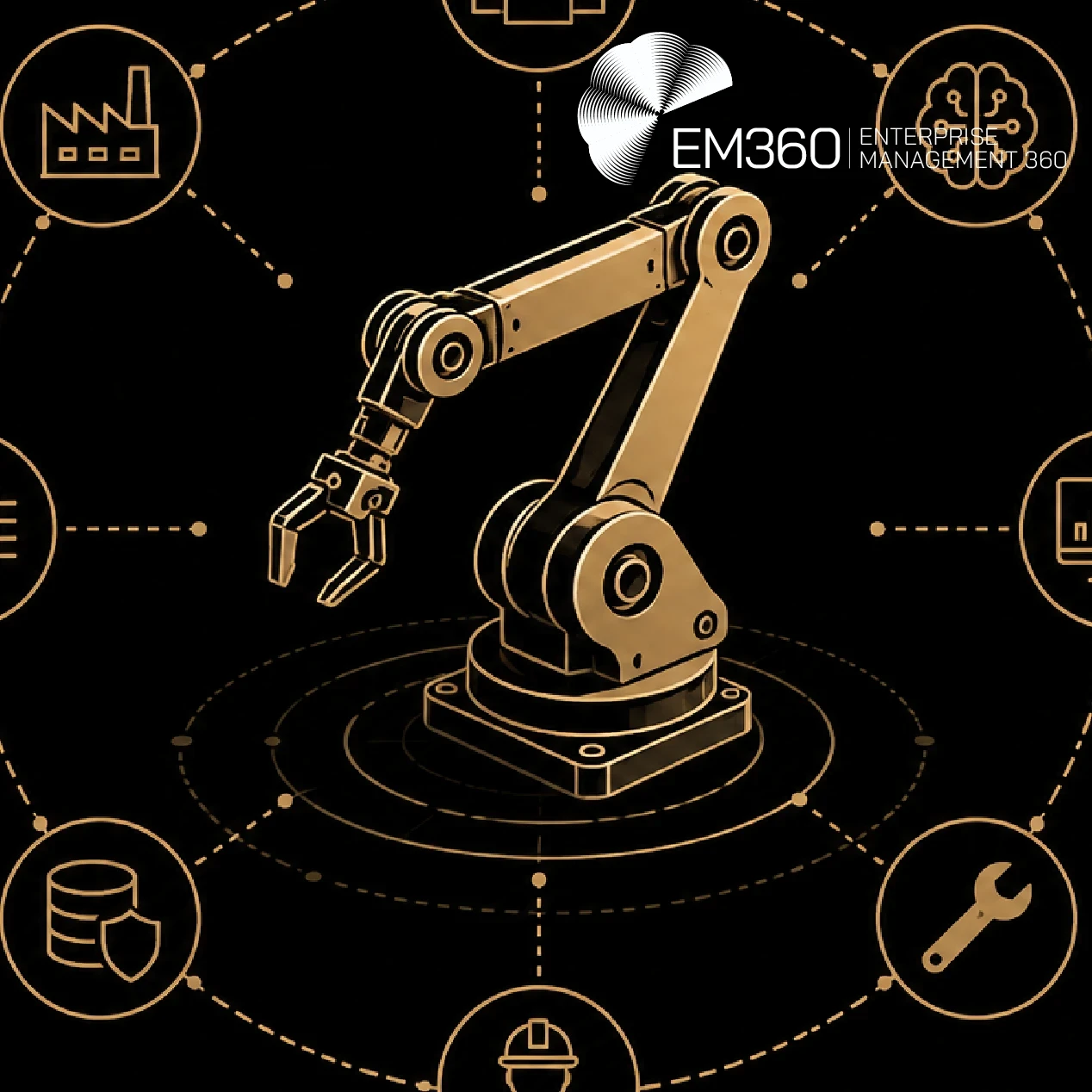 Black-and-beige technology graphic showing an industrial robotic arm at the centre of a connected ecosystem of icons representing manufacturing, people, AI, analytics, maintenance, data security and computing. Text reads: “Buying A Robot Is Becoming An Ecosystem Decision” and “As robotics ecosystems become more complex, we look at what enterprises need to own, outsource and keep firmly under their control.” EM360 logo appears at the top.