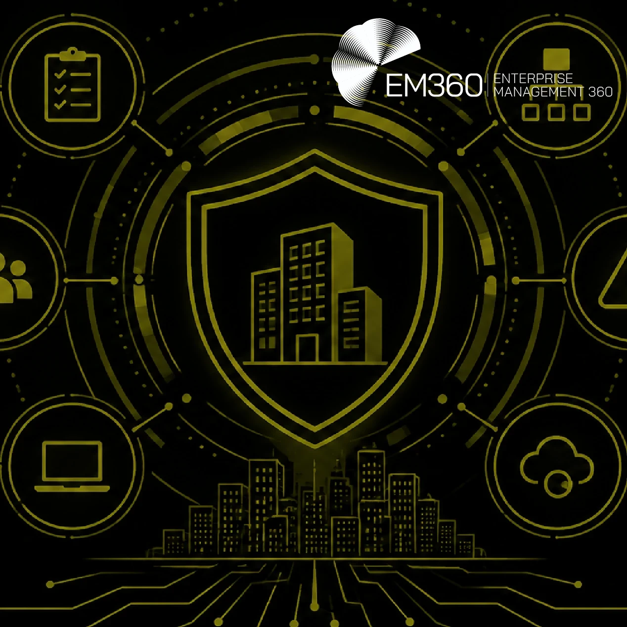 EM360Tech graphic titled “Top 10 Enterprise Business Continuity Platforms”, with the subtitle “We break down the top business continuity platforms to help enterprises choose software that drives resilience and regulatory confidence.” The black background features an olive digital illustration of a shield protecting office buildings, surrounded by connected icons representing planning, organisational structure, people, technology, risk and cloud systems.
