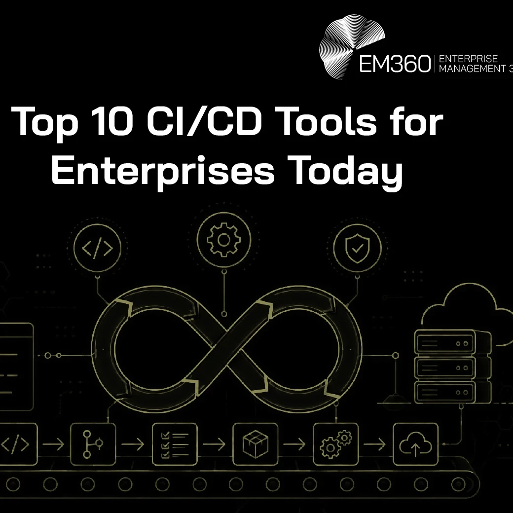 Black background with the heading "Top 10 CI/CD Tools for Enterprises Today" and a light yellow graphic showing a process.