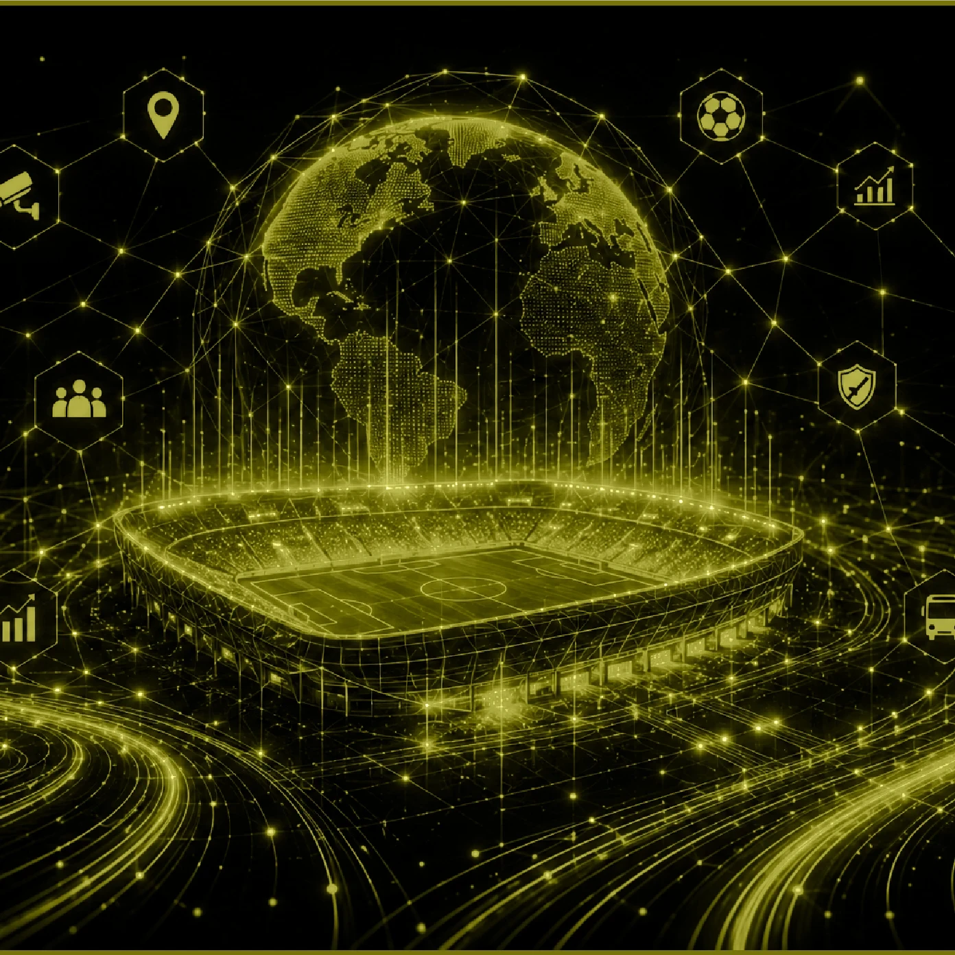 Header graphic for the EM360Tech article "FIFA World Cup Infrastructure Ecosystem." A glowing digital globe hovers above a futuristic football stadium, connected by a web of illuminated network lines. Technology icons representing surveillance, analytics, cybersecurity, transport and collaboration surround the scene, illustrating the World Cup as a connected infrastructure ecosystem. The on-image text reads: "FIFA World Cup Infrastructure Ecosystem" and "We explain how the World Cup turns connected technolo