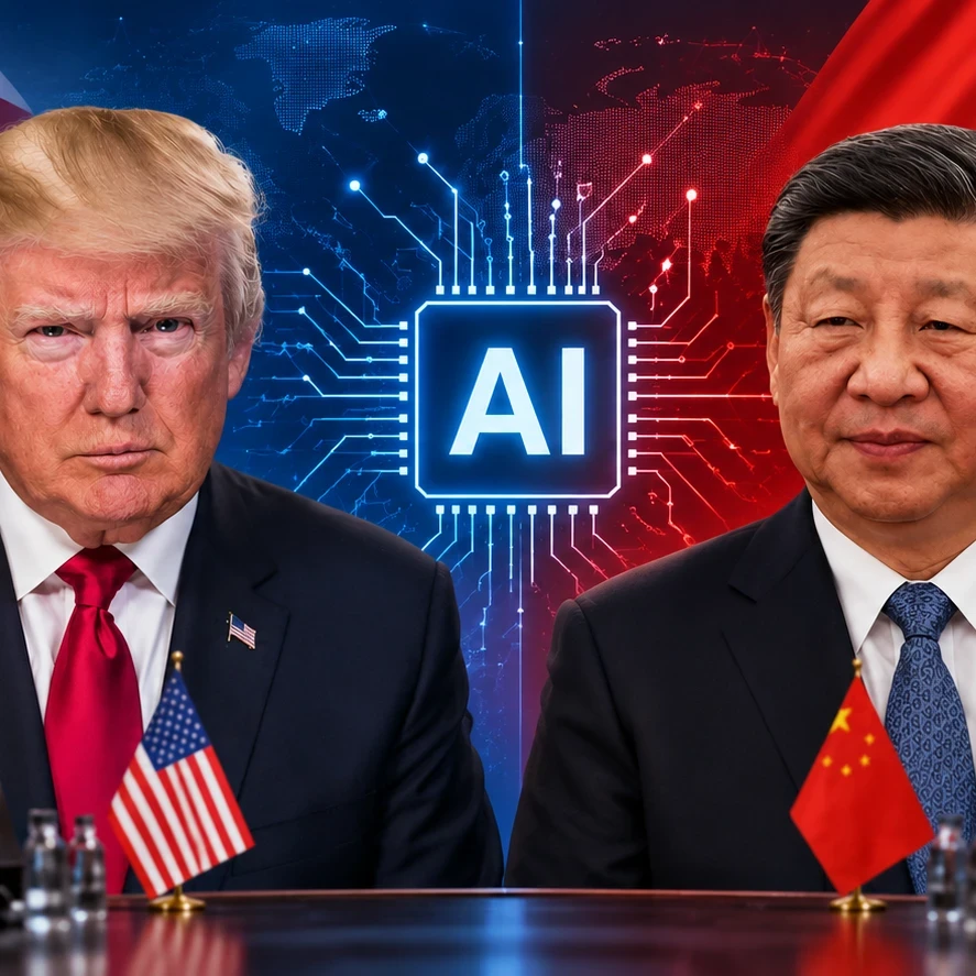 Image of Presidents Trump and Xi Jinping with an AI logo in the background and a boardroom table in the foreground.