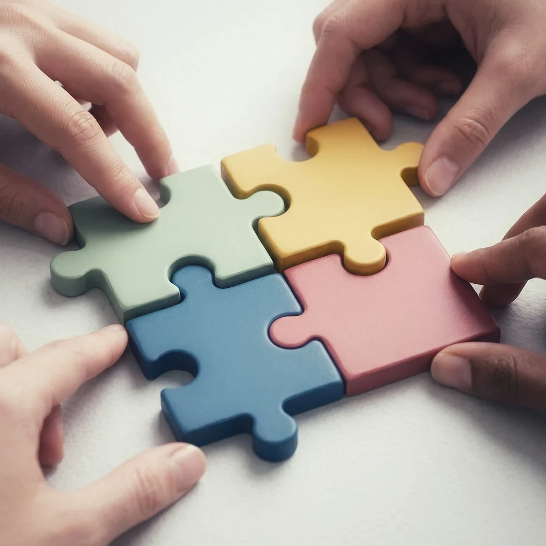 Four hands bringing puzzle pieces together on a white table.