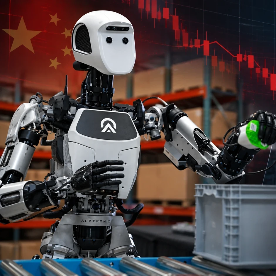 Humanoid robots in a collage in front of stocks.