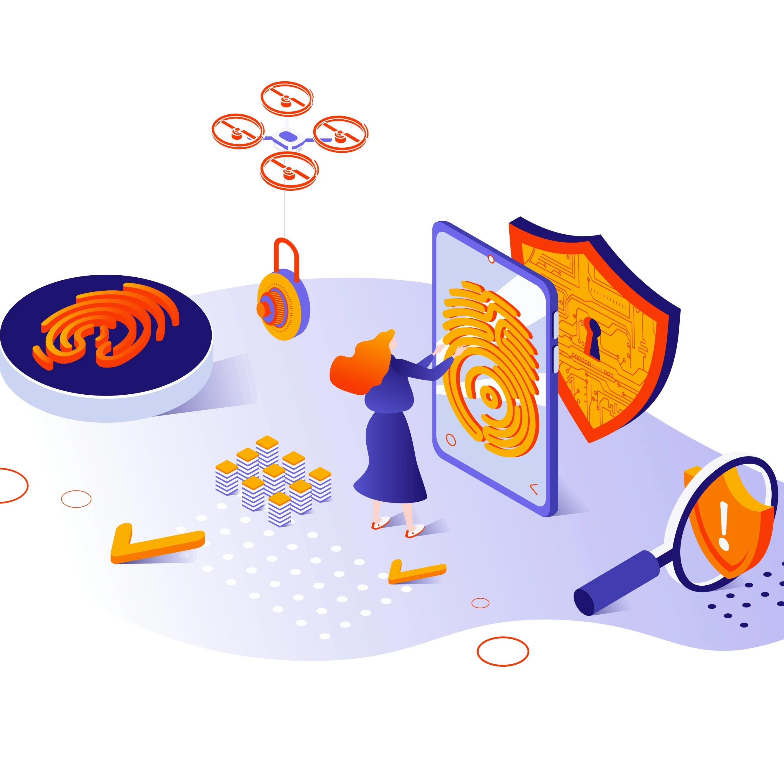 Animated person with security icons surrounding them while using biometrics to log into a smartphone
