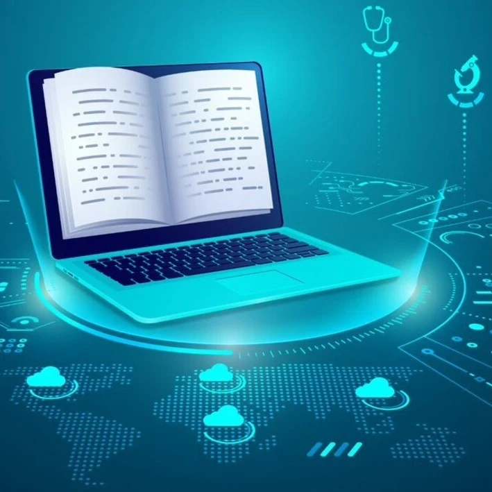 Laptop with a book open on the screen surrounded by various blue icons.