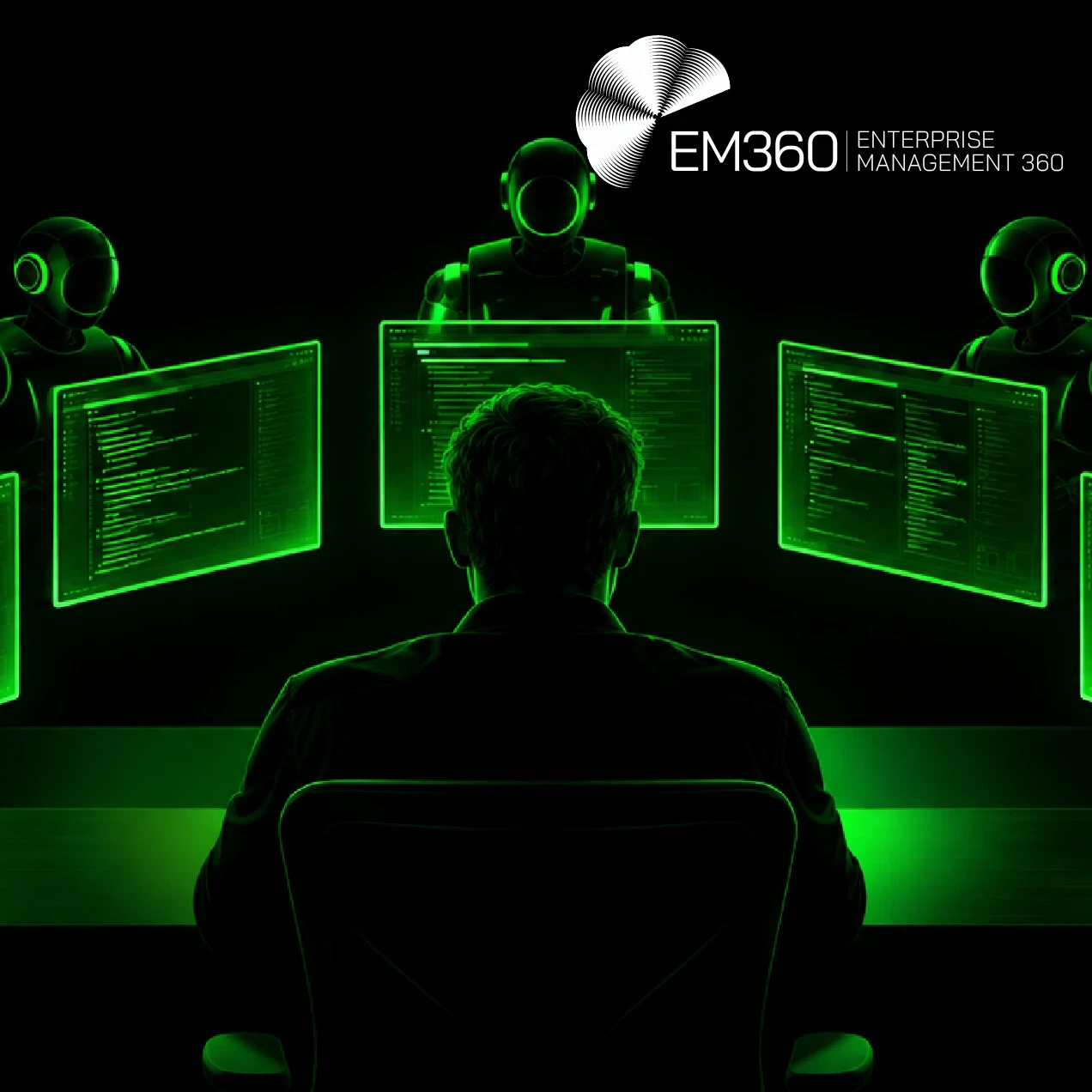 A person sits at a workstation facing five green-lit humanoid AI agents, each positioned behind a digital screen displaying code. Text reads: “AI Productivity and Supervisory Capacity” and “We look at why AI productivity may increasingly depend on how much machine work people can direct, verify and keep under control.” The EM360 logo appears at the top. 