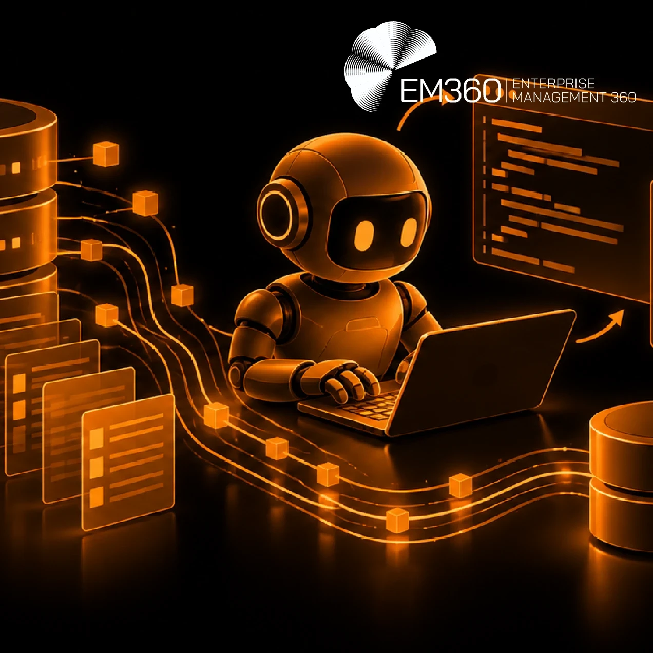 EM360Tech header graphic on a black background with orange illustrations of an AI agent, databases, code and testing panels, titled “AI Agents Are Turning Test Data Into Infrastructure”, with the subtitle explaining how AI coding agents are making test data infrastructure work at machine speed.