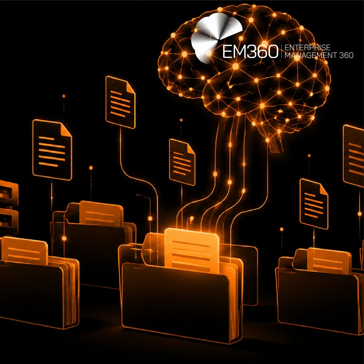 Black header graphic with orange AI brain, connected document and archive icons, white EM360 logo, and text reading “AI Is Changing Enterprise Data Retention” with the subtitle “We look at how AI is changing enterprise data retention and why keeping more historical data isn’t always the right answer.”