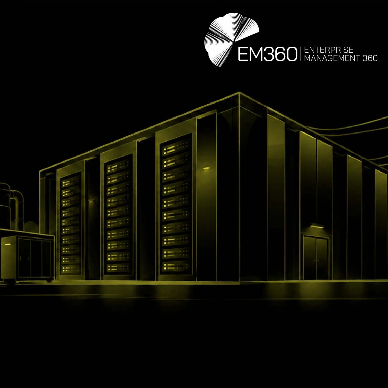 Black header graphic with an olive line illustration of an AI data centre and electricity pylons. White text reads “Who Pays for AI Power Infrastructure?” with the subtitle “We look at who carries the cost and financial risk when AI data centres require new electricity infrastructure.” The white EM360 Enterprise Management 360 logo appears at the top.