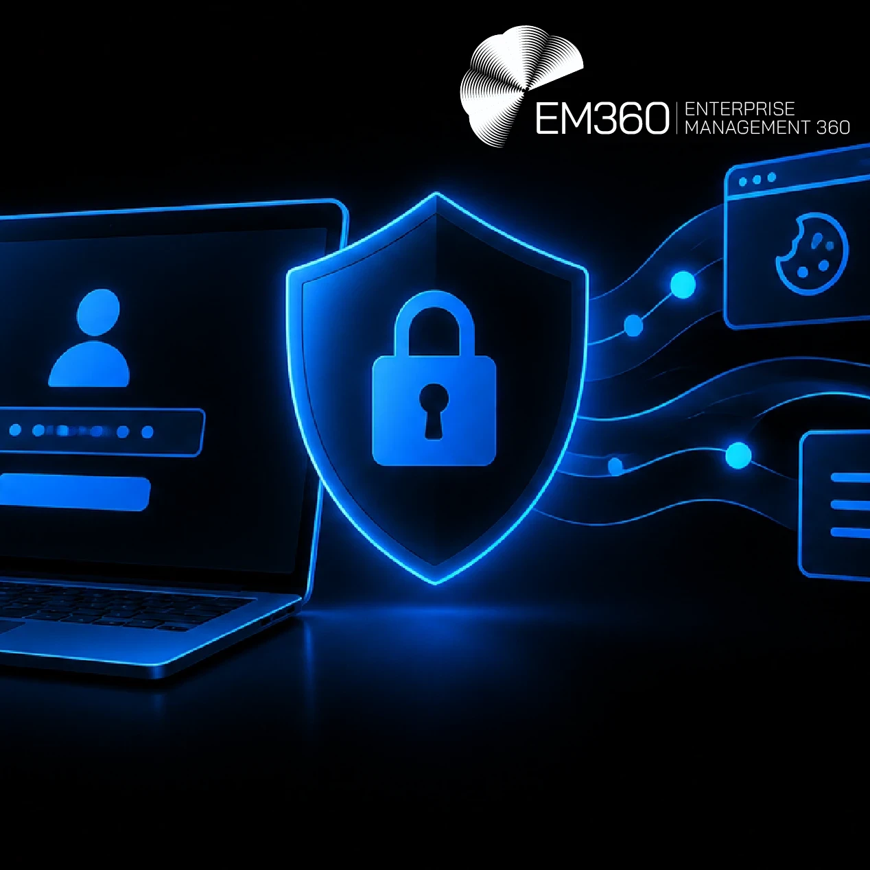 Black EM360Tech header graphic with blue illustrations of a login screen, padlock shield and connected session icons. White text reads: “Authentication Security Doesn't End at Login” and “We look at why stronger authentication is only part of the identity security problem when sessions and tokens keep trust alive after login.”