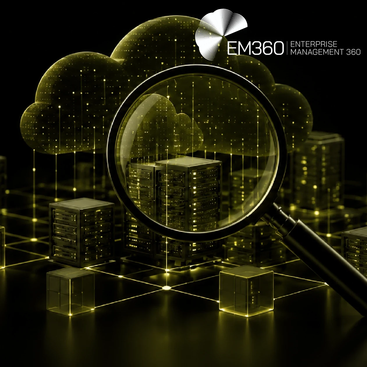 EM360Tech header graphic showing a magnifying glass inspecting a complex network of cloud infrastructure and servers, with the text “Infrastructure Auditability Is Becoming Critical” and “We explore why modern infrastructure is becoming harder to audit, and what organisations need to preserve accountability as systems change.” 