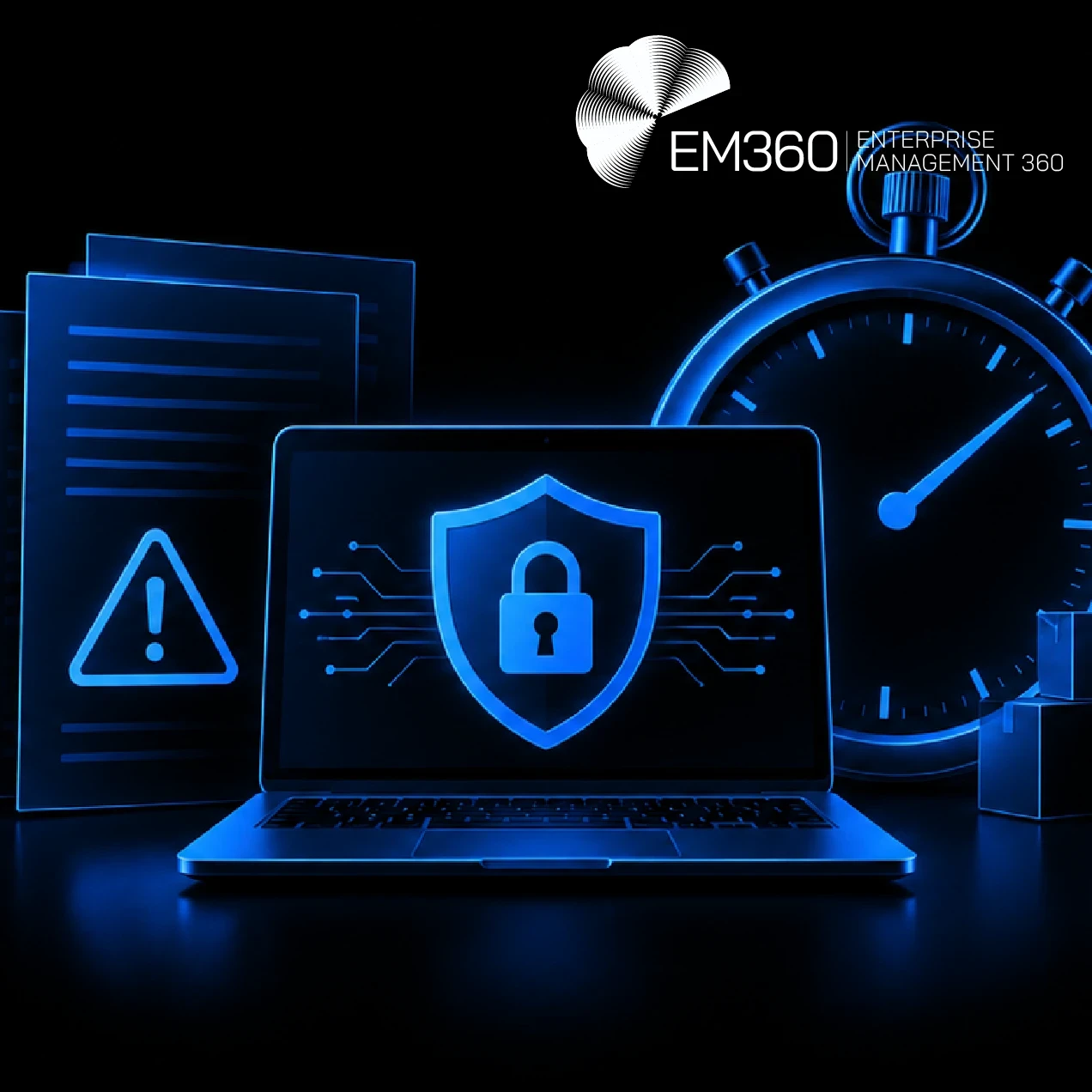 Black EM360Tech graphic with blue documents, warning symbol, laptop with shield and padlock, and large stopwatch. White text reads “Is Your CRA Vulnerability Reporting Process Ready?” Below: “We look at whether your vulnerability process can turn a security finding into a CRA reporting decision before the clock runs out.” 