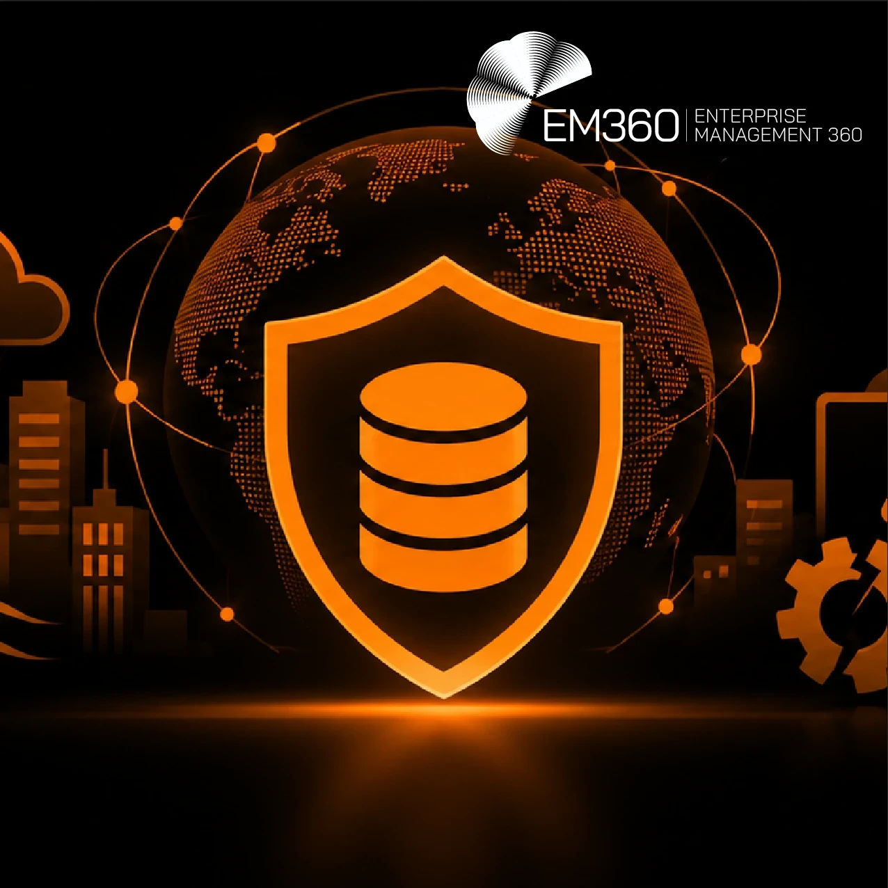 Header graphic on a black background with orange illustrations of a database shield, connected globe, storm, flood, city, warning screen, broken gear and servers. White text reads “What Is Crisis-Ready Data Governance?” and “We explain what crisis-ready data governance means and how it helps organisations keep critical data usable during disruption.” The white EM360 Enterprise Management 360 logo appears at the top.