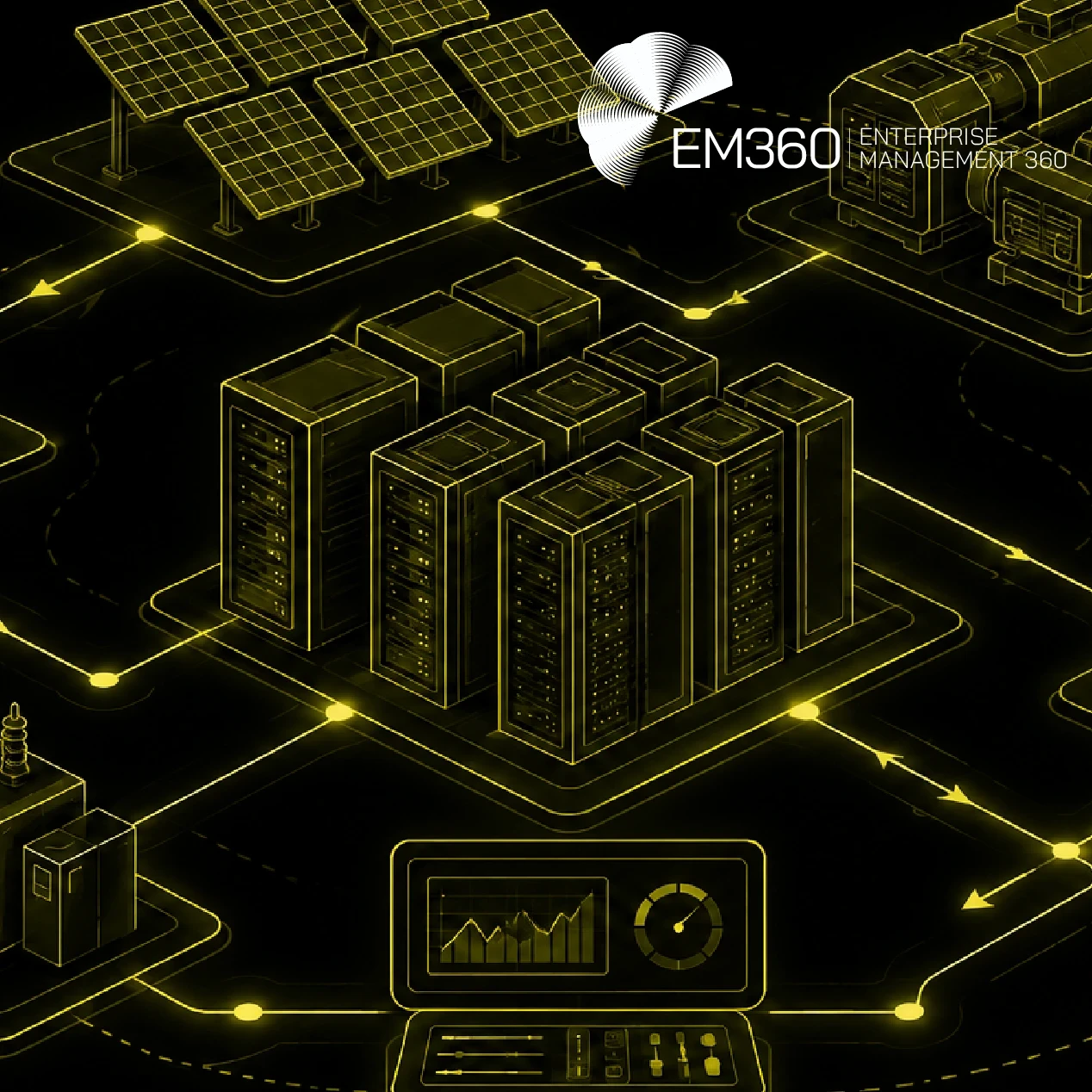 Header graphic showing an interconnected AI data centre power system with server racks linked to the electricity grid, solar panels, onsite generation and battery storage. Text reads: “AI Data Centre Power Architecture. We explore how AI data centres are bringing power generation, storage and compute orchestration into one coordinated infrastructure system.”
