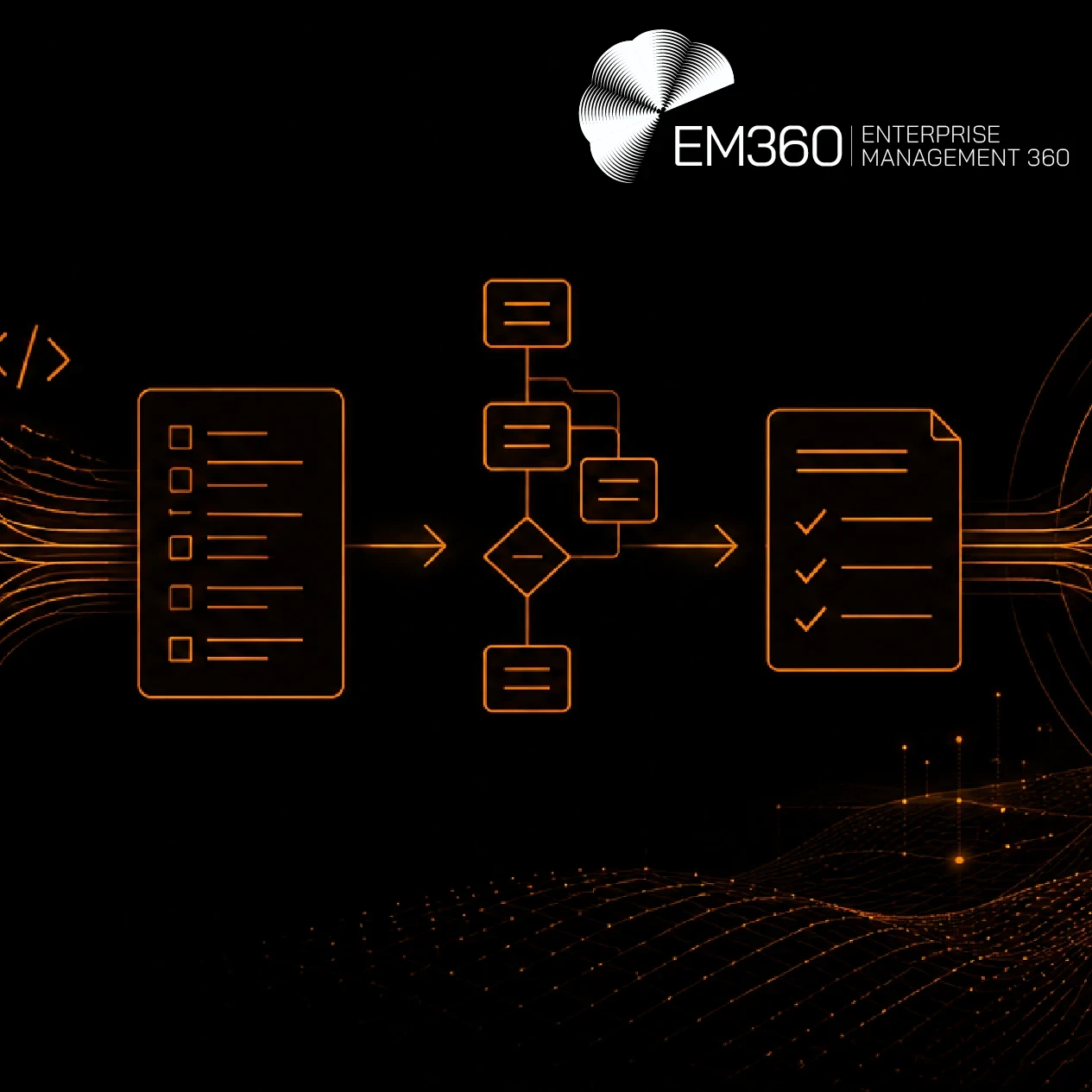 EM360Tech graphic titled “Data Engineering Is Moving to Proving Intent”. Orange line artwork on a black background shows streams of code flowing through a checklist, pipeline flowchart and validation document before reaching a shield with a tick. Text reads: “We explore how agentic data engineering shifts responsibility from pipeline implementation towards defining constraints, validation and engineering judgement.” 