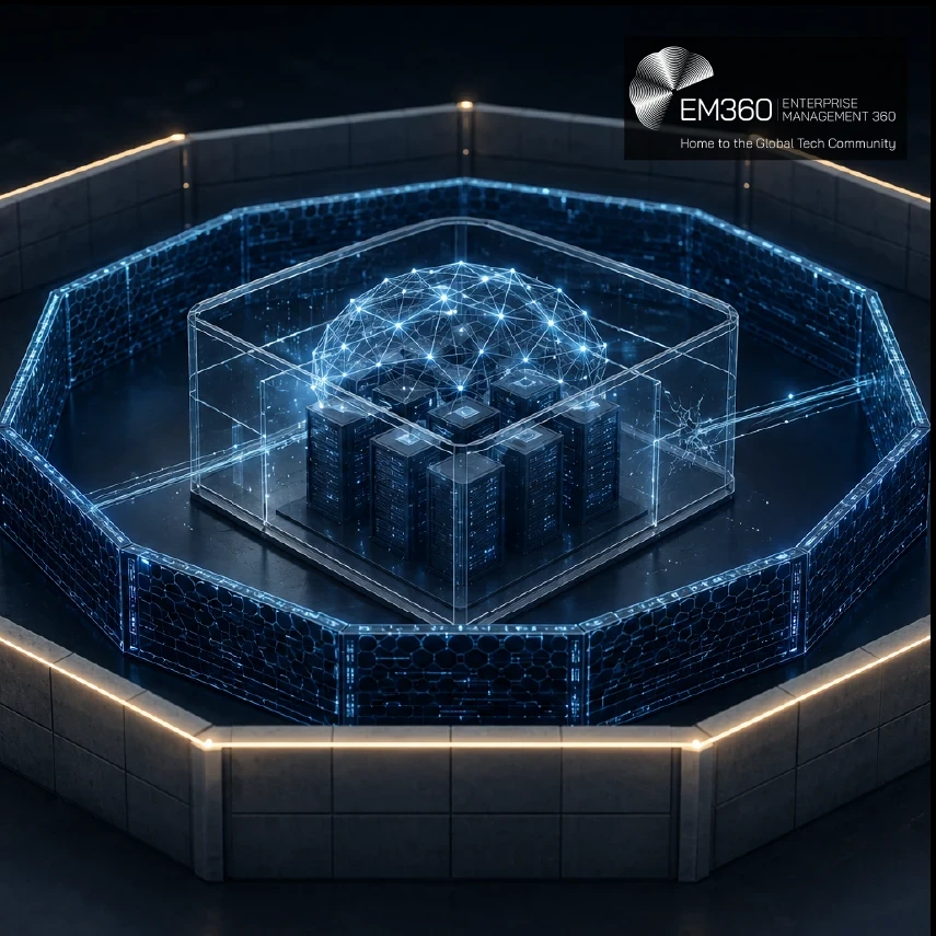 EM360Tech header graphic showing an AI network above server infrastructure enclosed by multiple layers of digital and physical barriers. Text reads: “Frontier AI Control Is Becoming Bigger Than the Companies Building It.” 