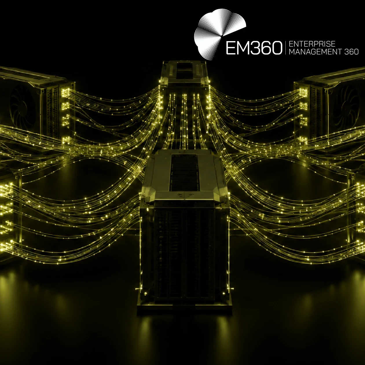 EM360Tech header graphic on a black background showing interconnected GPU units with glowing olive data links. White text reads: “Why GPU Networking Is AI’s Next Bottleneck” and “We look at why faster GPUs increasingly depend on the networking infrastructure connecting them to deliver usable AI capacity.”