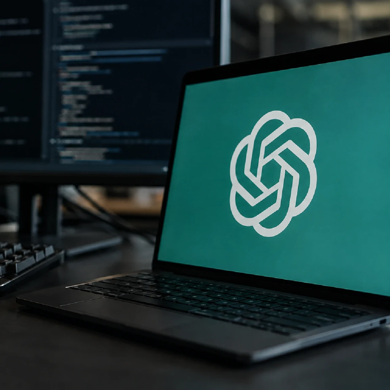 EM360Tech header graphic showing the OpenAI logo on a laptop beside computer monitors displaying code, with the headline “OpenAI Is Building an ‘Automated Shutdown’ for Rogue AI Systems”.