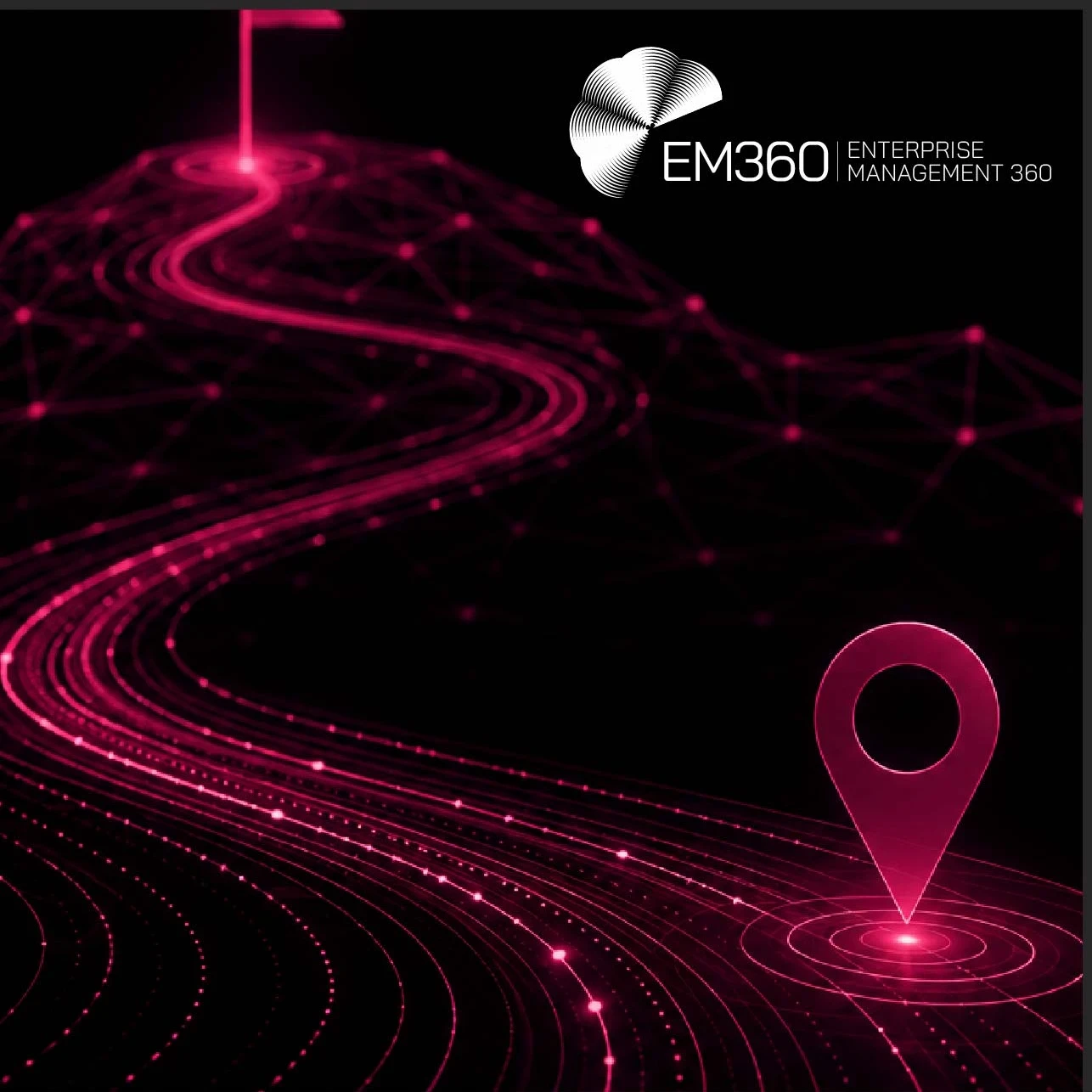 EM360Tech graphic showing a magenta path leading from a location marker to a flag, with the text “Why The Best Sales Conversations Start Before Sales Gets Involved”.