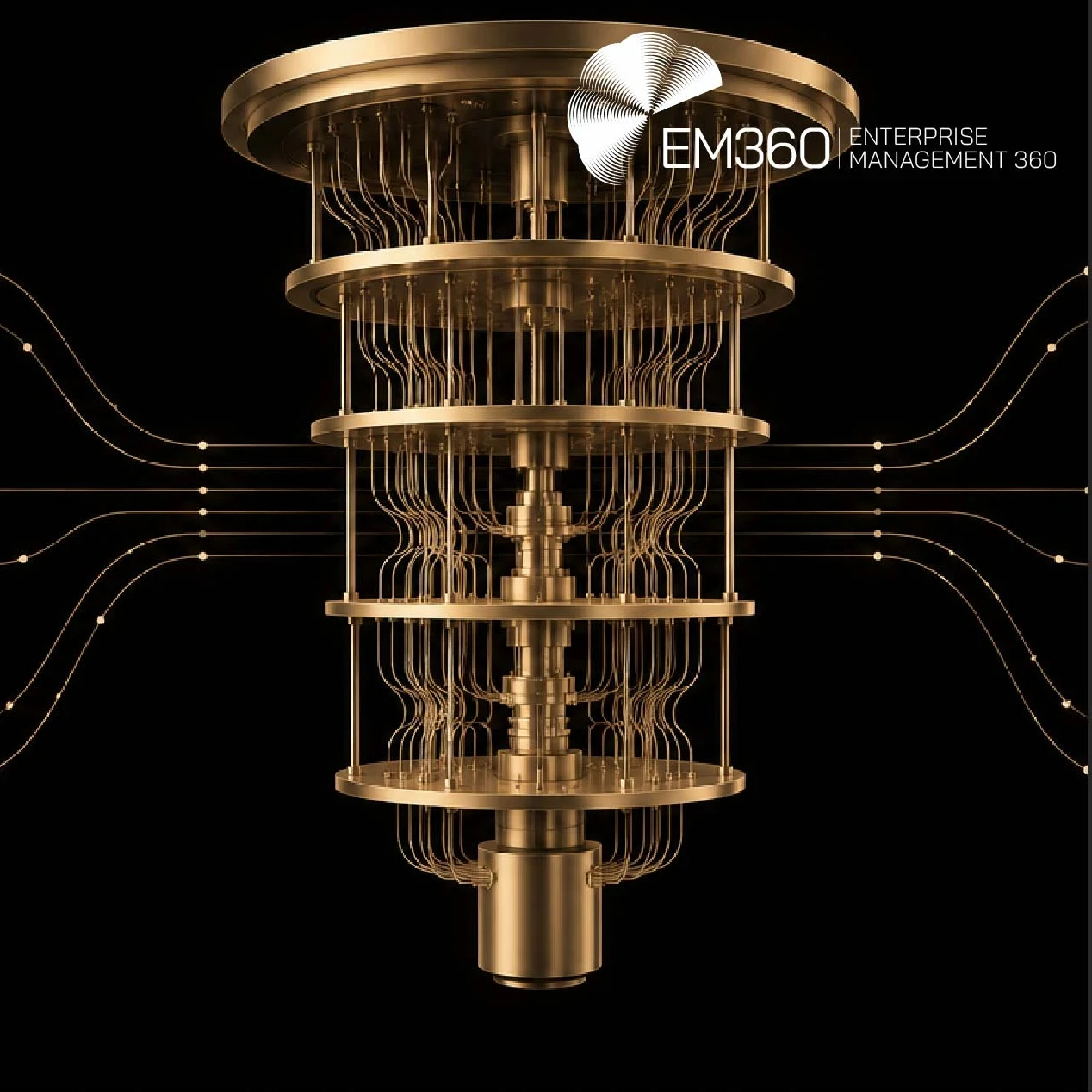 Black header graphic with a beige-gold quantum computer surrounded by six performance data panels. White text reads “Quantum Computing Has A Benchmark Problem” and “We look at why quantum performance metrics don’t always allow fair comparisons and what enterprises should consider when evaluating them.” The white EM360 logo appears at the top.