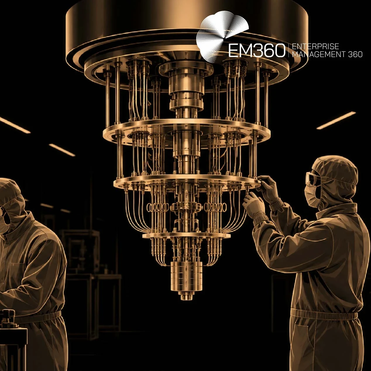 Black header graphic with beige line-art showing two cleanroom technicians working around quantum computing machinery. White text reads “Quantum Computing Industrialisation Problem” with the subtitle “We look at why quantum computing manufacturing, supply chains and support must mature alongside the technology itself.” The white EM360 Enterprise Management 360 logo appears at the top. 