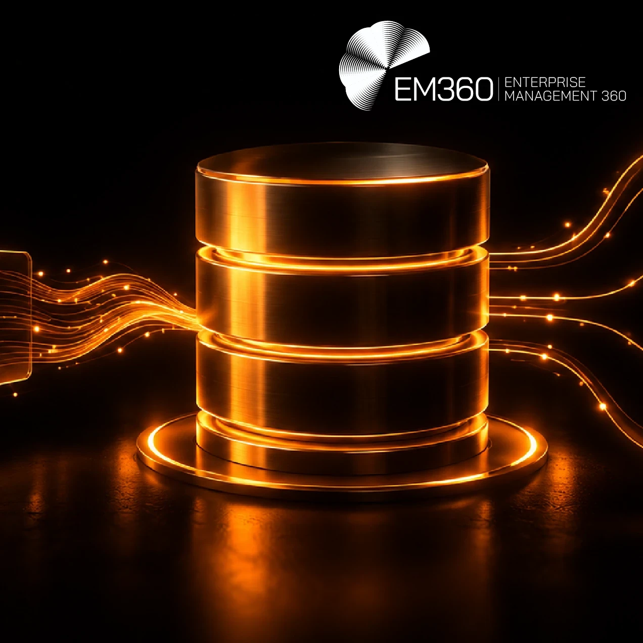 EM360Tech article graphic with a black background and glowing orange database at the centre, connected to an SQL query panel on the left and AI, settings, analytics and document icons on the right. White overlay text reads “AI Is Turning Query Optimisation Into Economics”, with the subtitle “We look at why AI-powered SQL is forcing data teams to balance query cost, latency and answer quality in new ways.” 