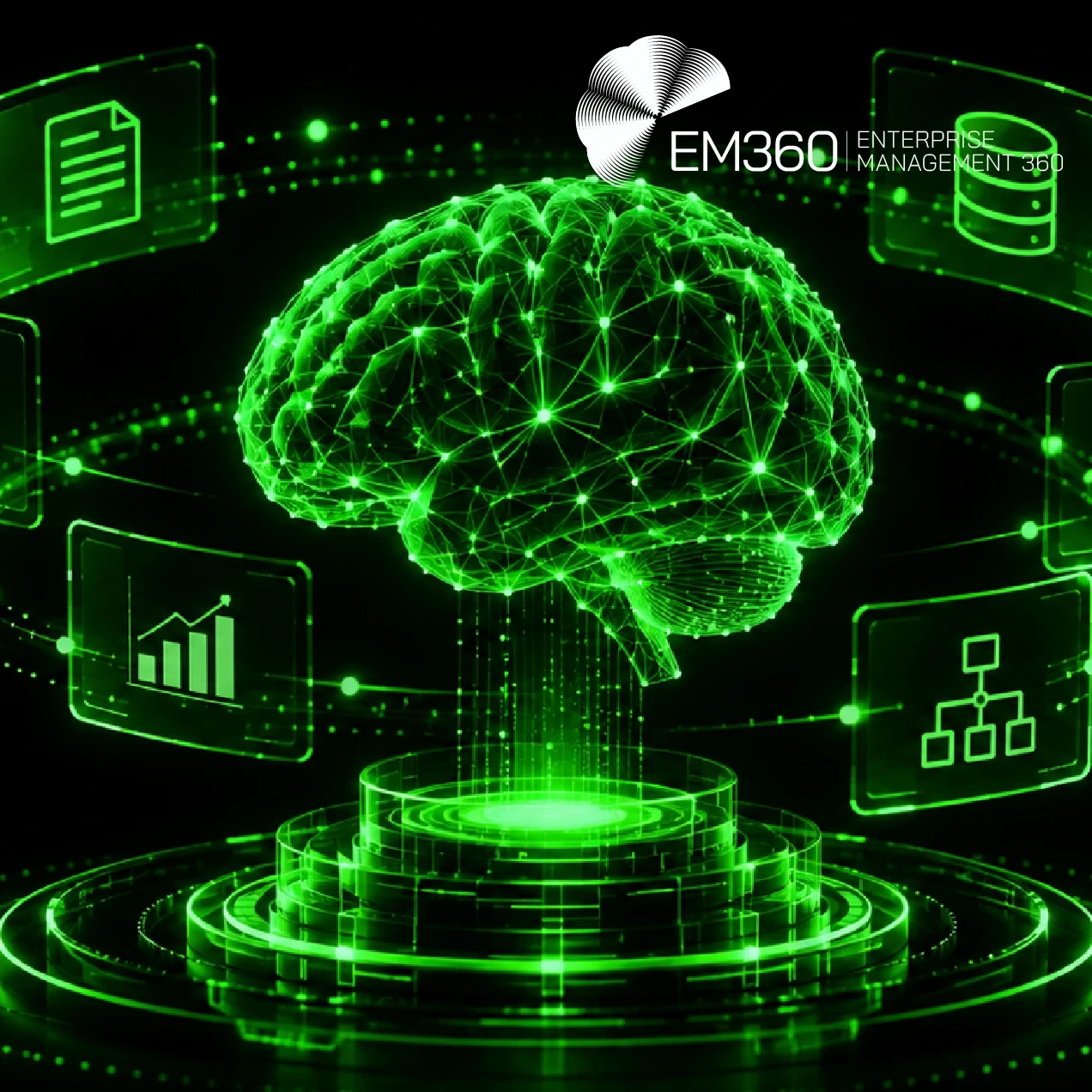 Black EM360Tech header graphic with a glowing green digital brain surrounded by icons for data, tools, documents and workflows. White text reads “How AI Systems Learn to Improve Themselves” and “We look at how AI systems are starting to improve their own workflows, tools and memory, and what that changes for enterprise control.” 