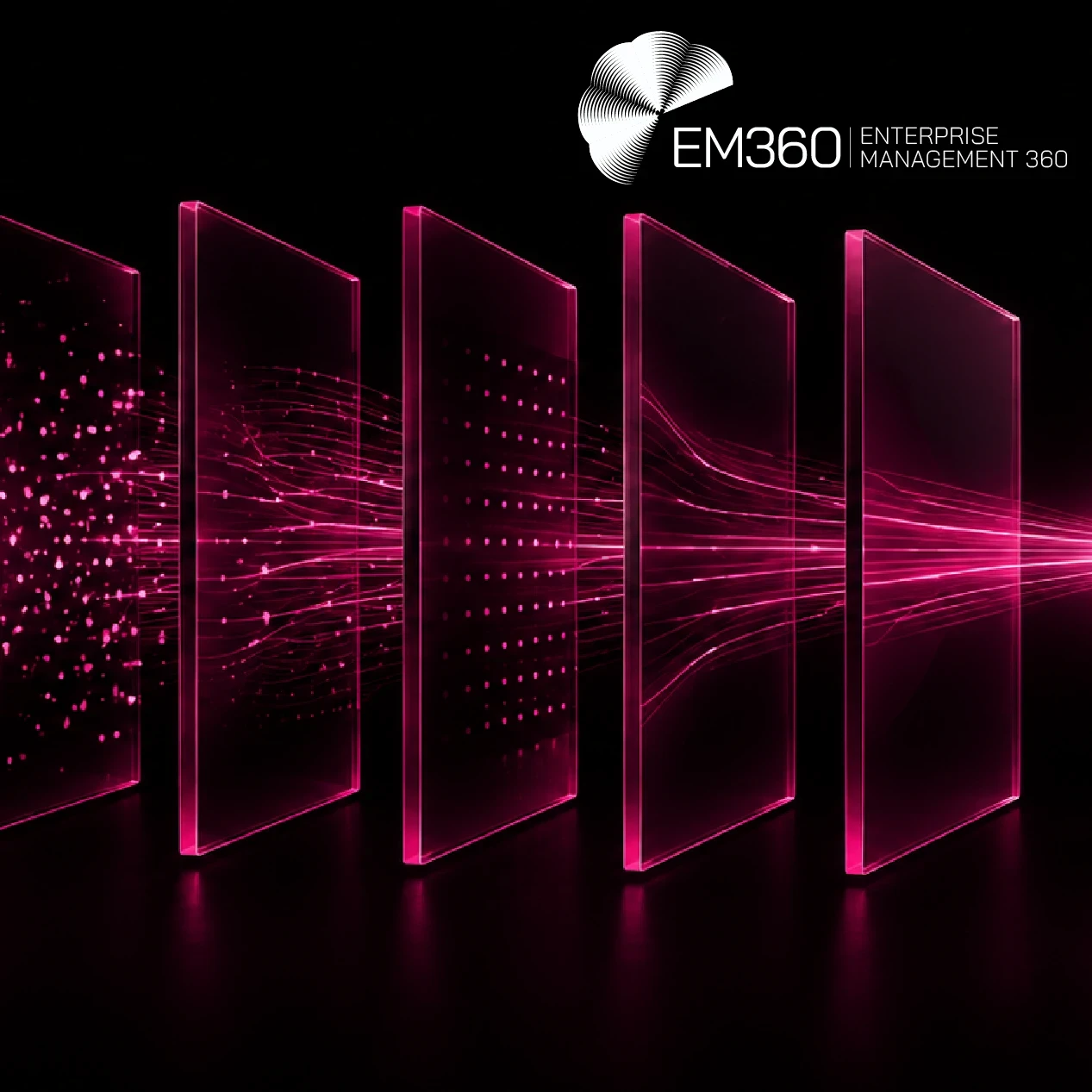 EM360Tech header graphic for “The Revenue Metrics That Matter When Attribution Stops Making Sense”, showing magenta data streams passing through a series of translucent panels towards a single glowing sphere on a black background. 