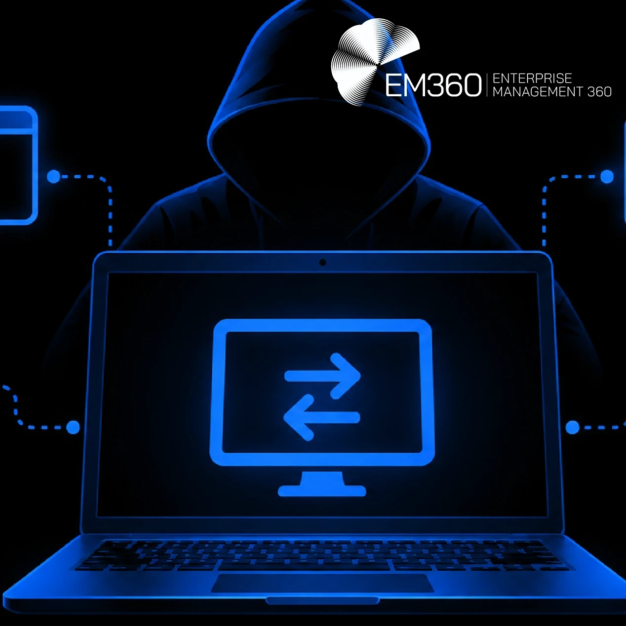 EM360Tech header graphic on a black background showing a blue-outlined hooded figure behind a laptop, surrounded by remote-access icons. White text reads: “When Legitimate RMM Tools Become a Security Risk. We look at why legitimate RMM software can become attacker infrastructure and how security teams can tell authorised administration from malicious activity.”