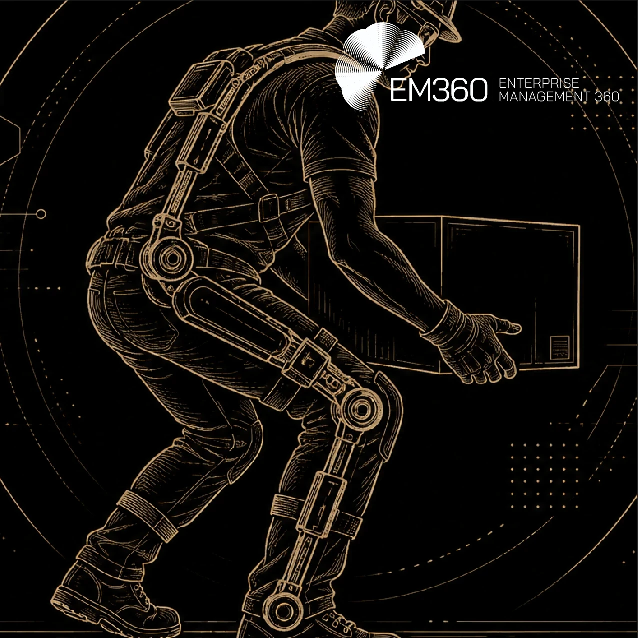 Graphic showing a worker wearing an industrial exoskeleton with the text, “Workplace Exoskeletons Are Changing Robotics. We explore how workplace exoskeletons could reshape robotics by augmenting human capability rather than replacing workers.” 