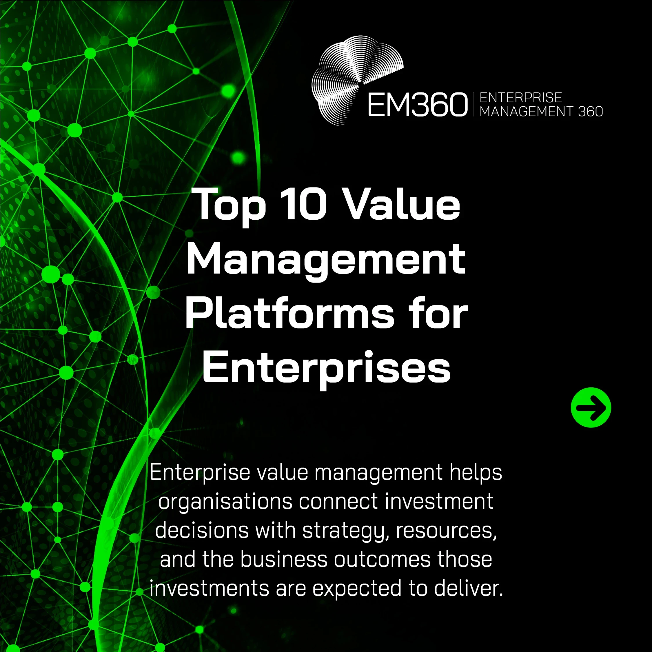 Image showing copy for the Top 10 Value Management Platforms on a green and black background.