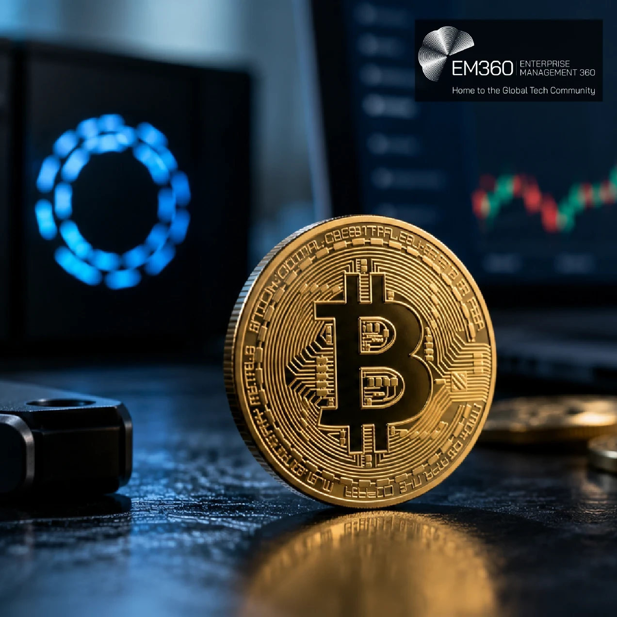 EM360Tech header graphic showing a large gold Bitcoin coin on a dark desk, with blurred cryptocurrency trading charts and digital screens behind it. Overlaid text reads: “Liquid Network Hack: Inside the Bizarre $320M Bitcoin Exploit.” 