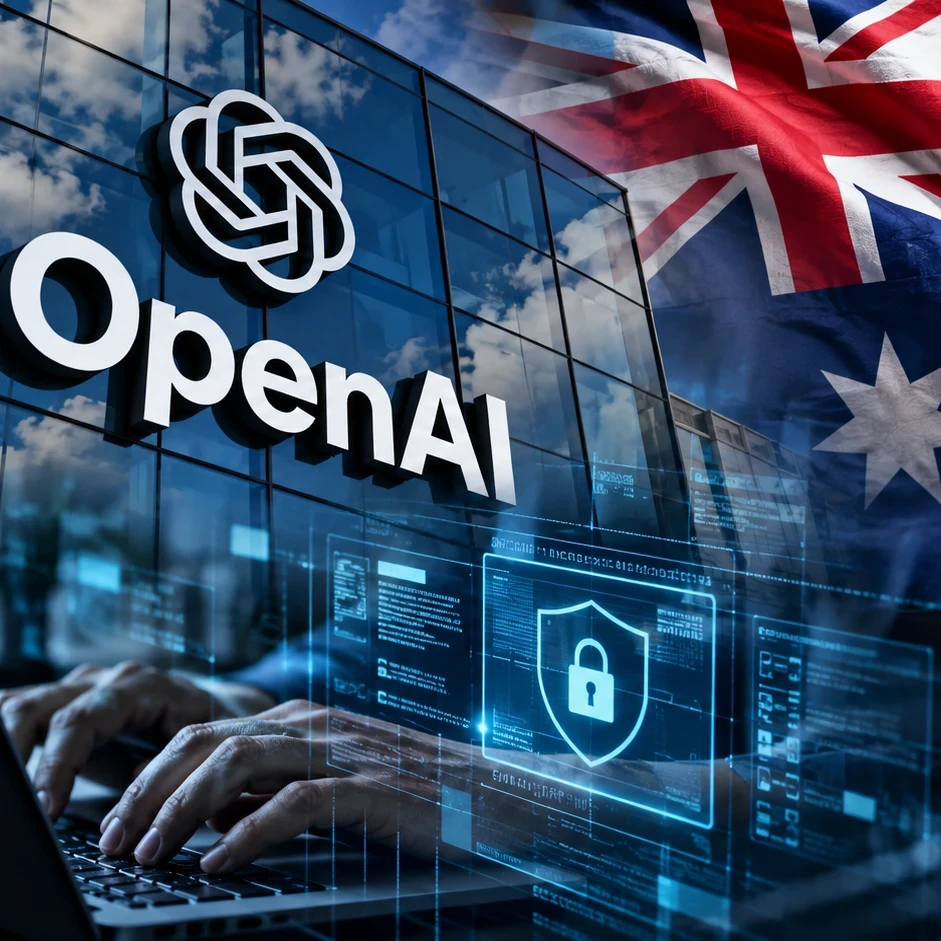 A collage of images with the OpenAI logo, the Australian flag and a log and key visual depicting a cybersecurity breach.