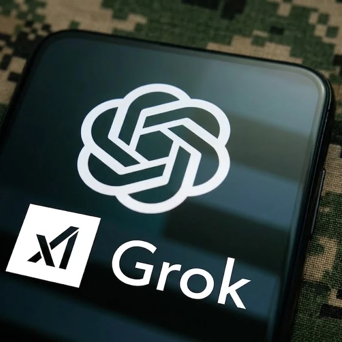 A smartphone against a camouflage background with the screen displaying the OpenAI and Grok logos.